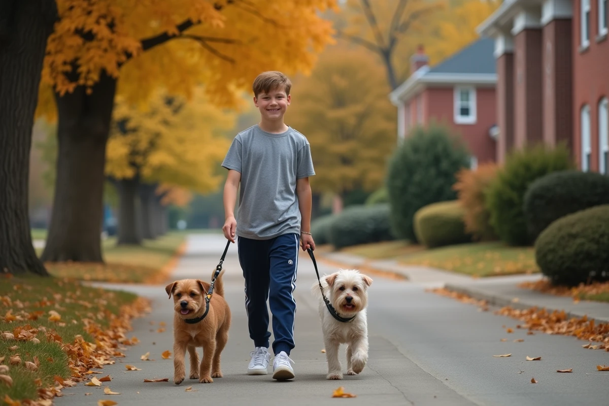 Adolescent de 14 ans promenant deux petits chiens en laisse dans une rue résidentielle, activité de pet sitting pour jeunes
