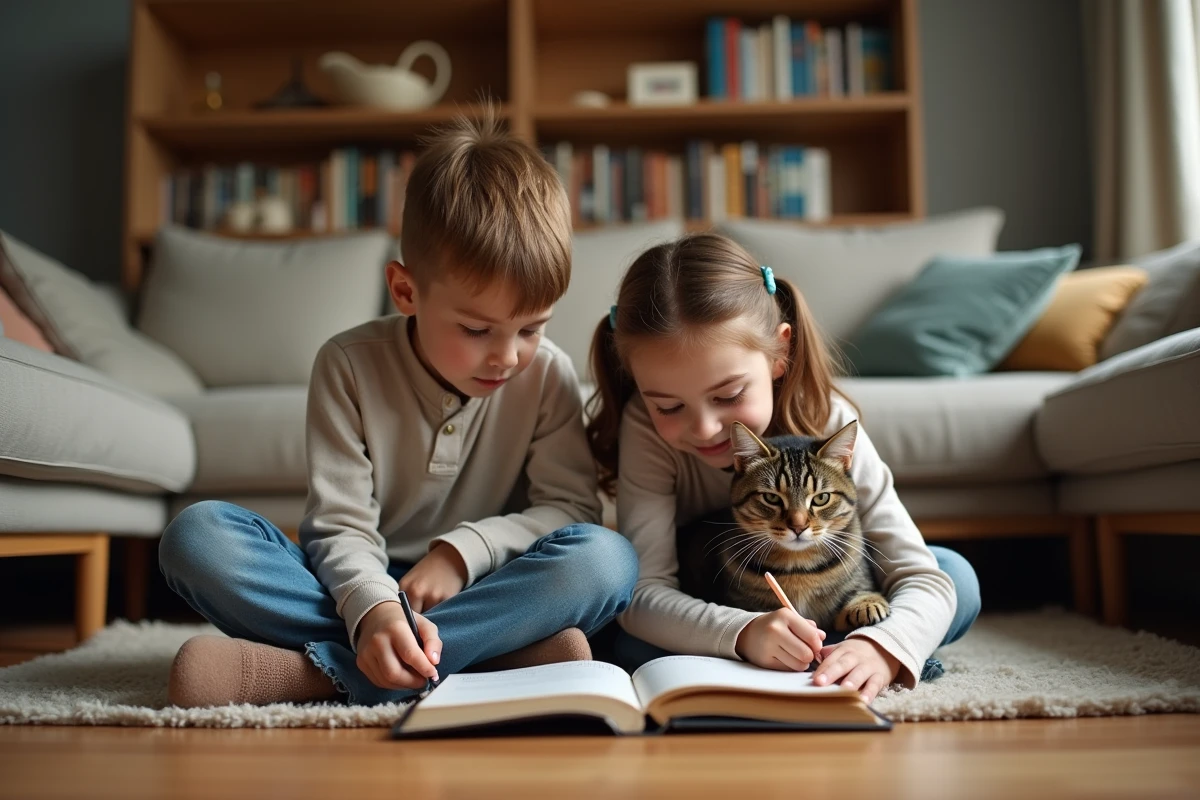 Deux adolescents assis par terre prenant des notes avec un chat sur les genoux, organisation d'un service de pet sitting pour mineurs