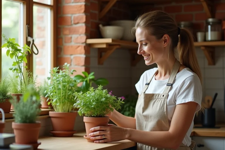 Femme arrangeant des herbes aromatiques en pot sur une étagère en bois dans une cuisine rustique et chaleureuse
