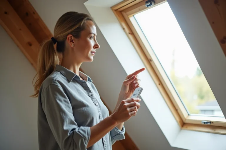 Femme appairant une télécommande Velux près d'une fenêtre de toit en bois dans un grenier aménagé