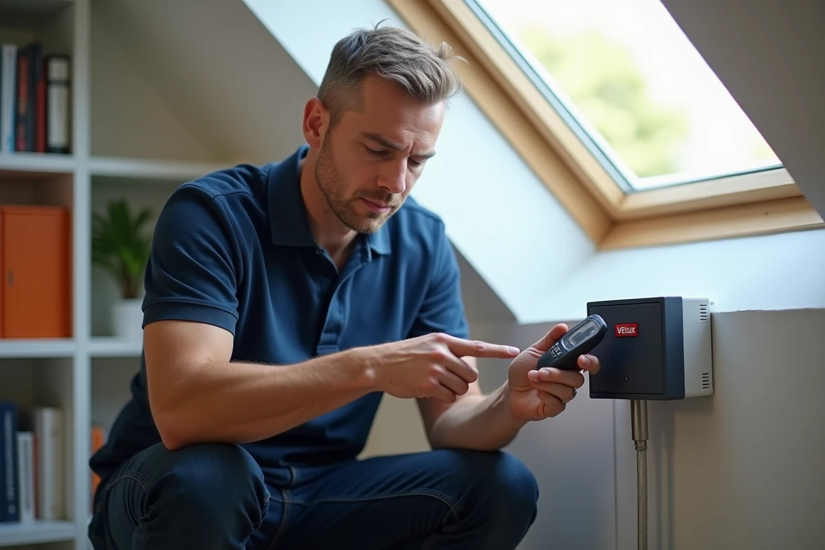 Homme en train d'appairer une télécommande Velux sur le moteur d'un volet roulant sous une fenêtre de toit