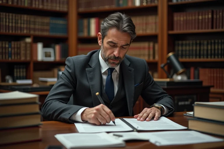 Avocat d'affaires analysant des documents juridiques relatifs aux créances privilégiées et au droit des entreprises en difficulté