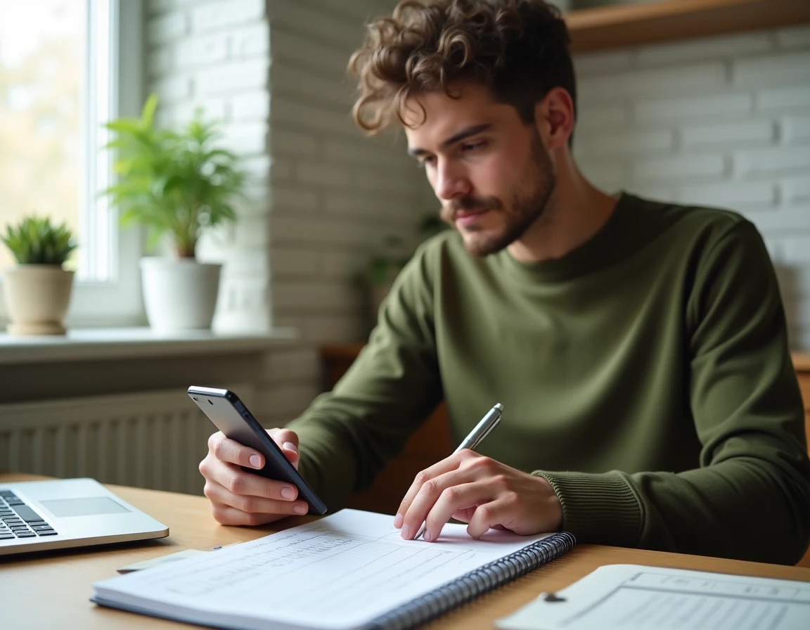 Jeune homme calculant son budget pour un crédit immobilier avec un smartphone et un carnet