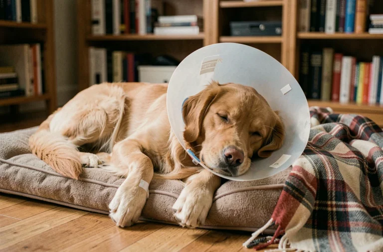 Chien golden retriever en repos post-opératoire portant une collerette vétérinaire sur un lit orthopédique dans un salon chaleureux