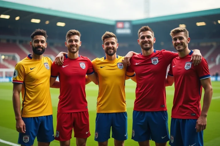 Cinq hommes en maillots de football iconiques sur un terrain