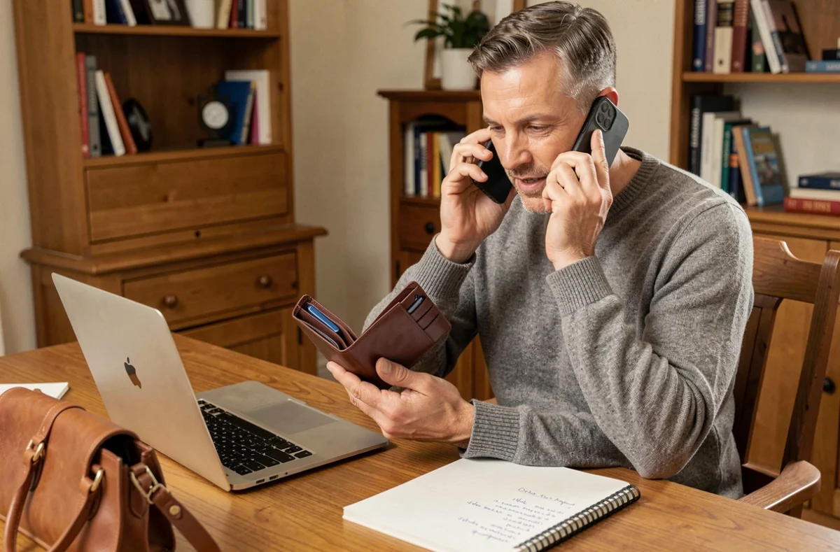 Homme contactant le service client par téléphone en inspectant un portefeuille en cuir depuis son bureau à domicile