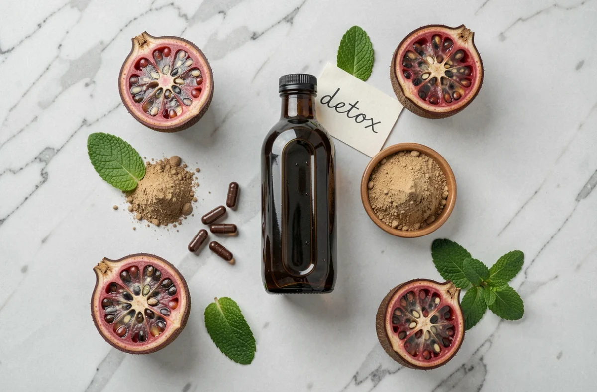 Comparaison des différentes formes de jus de noni bio en cure minceur : liquide, poudre et gélules sur fond de marbre