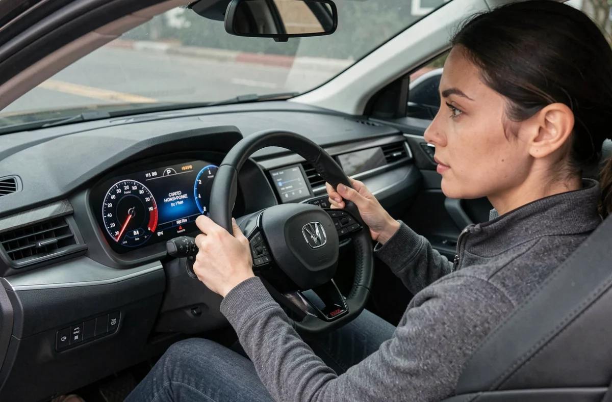 Conductrice observant le tableau de bord d'une voiture affichant 90 chevaux, lien entre puissance moteur et vitesse en conduite quotidienne