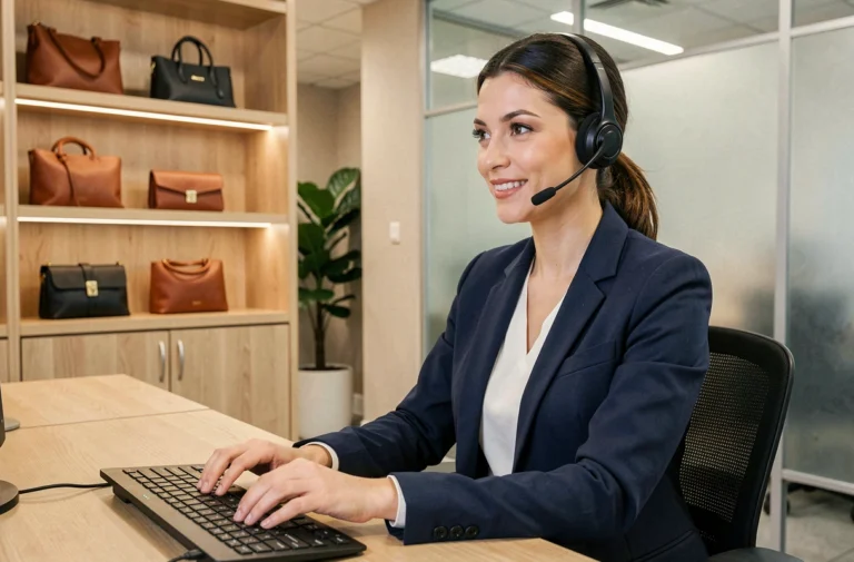 Conseillère service client en blazer marine avec casque sans fil devant des accessoires de maroquinerie en arrière-plan
