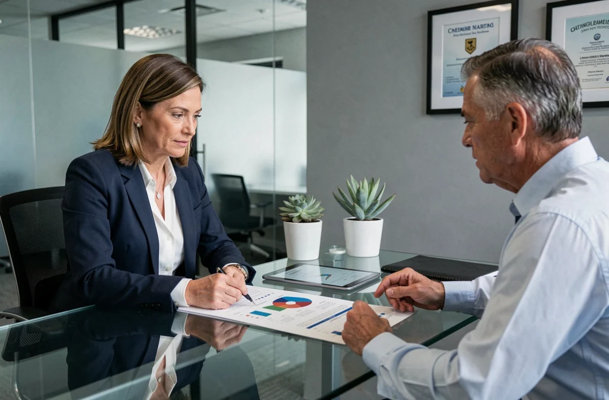 Conseillère financière expliquant des stratégies de retraite à un client dans un bureau moderne