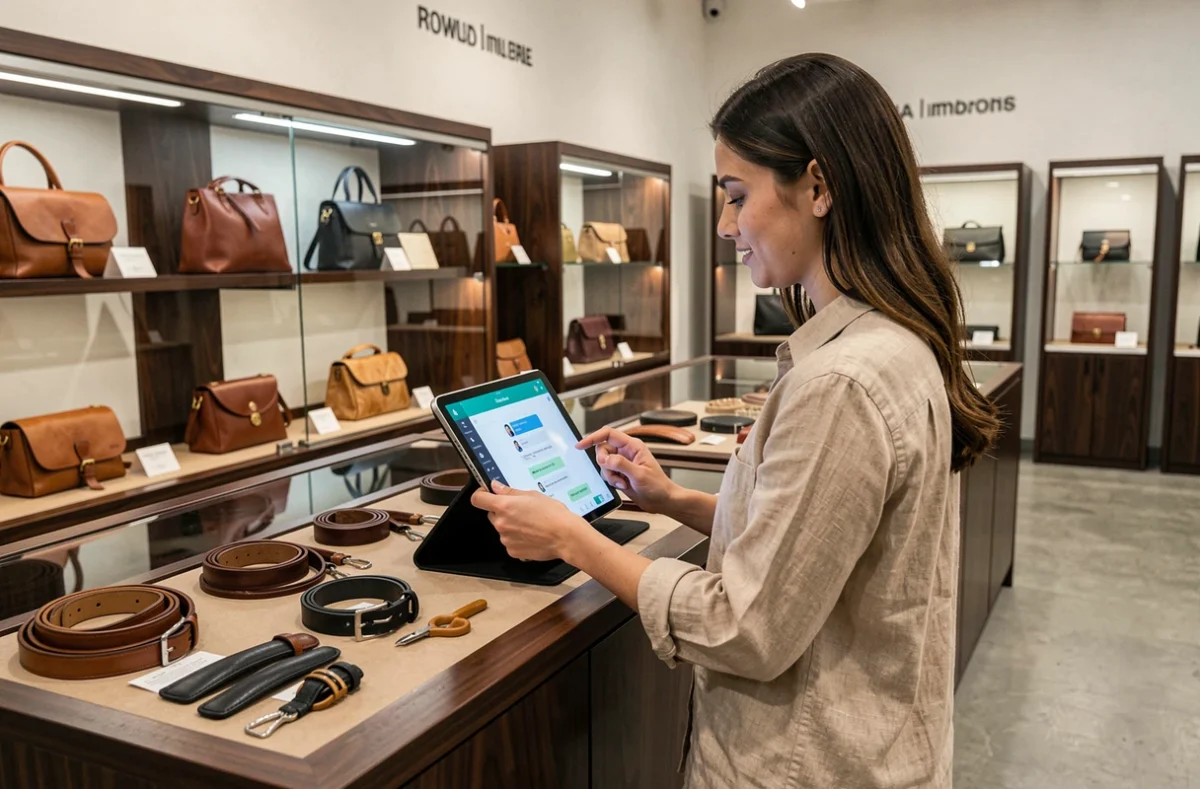 Jeune femme utilisant une tablette pour contacter le service client dans une boutique de maroquinerie