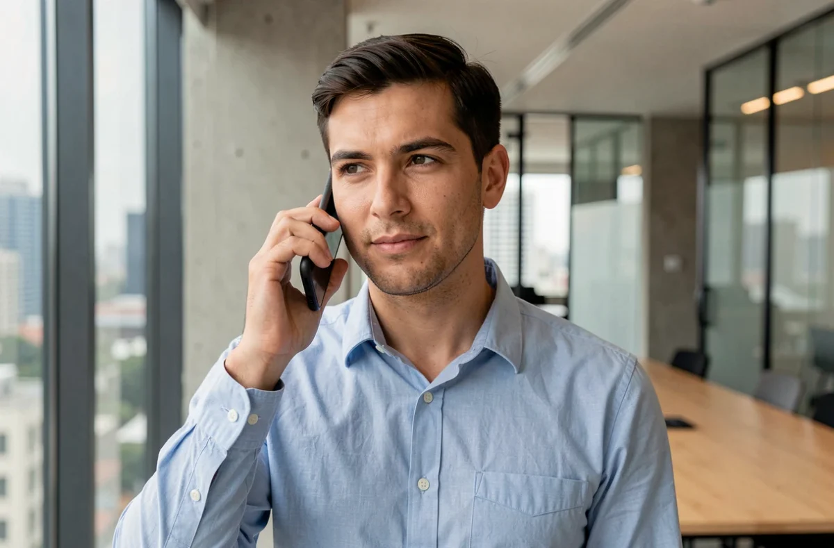 Homme en chemise bleue téléphonant au service contact de Wikirelax dans un bureau moderne avec vue urbaine en arrière-plan
