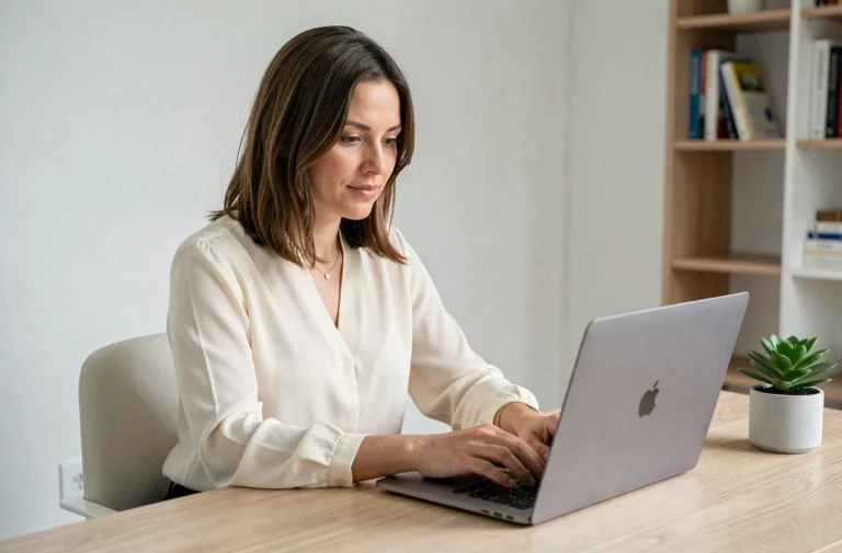 Femme assise à un bureau minimaliste envoyant un email de contact depuis un ordinateur portable dans un bureau à domicile moderne