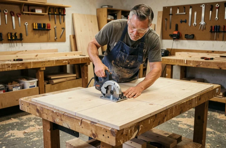 Menuisier expérimenté réalisant une coupe droite avec une scie circulaire sur un panneau de contreplaqué en atelier