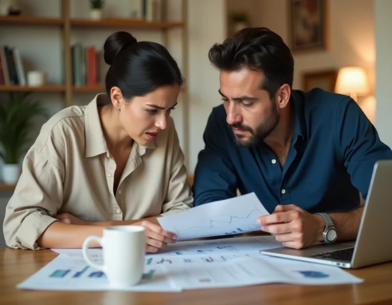 Couple étudiant des documents de crédit immobilier sur une table en bois avec un ordinateur portable