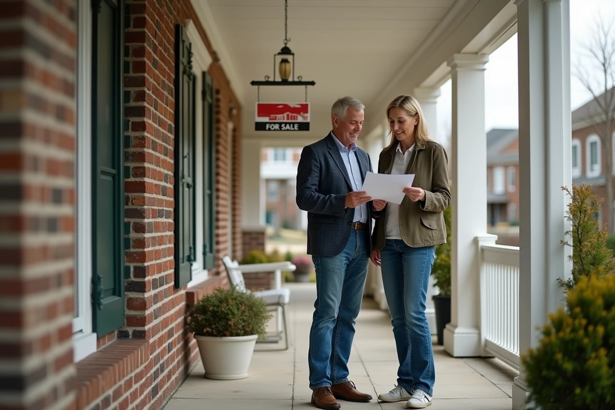 Couple sur le porche examinant une maison à vendre