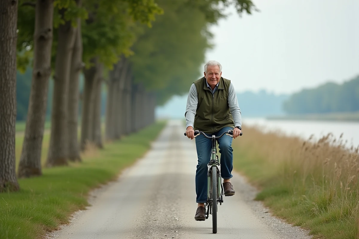 Cycliste se promenant sur un chemin de halage au bord de la Loire dans le Véron