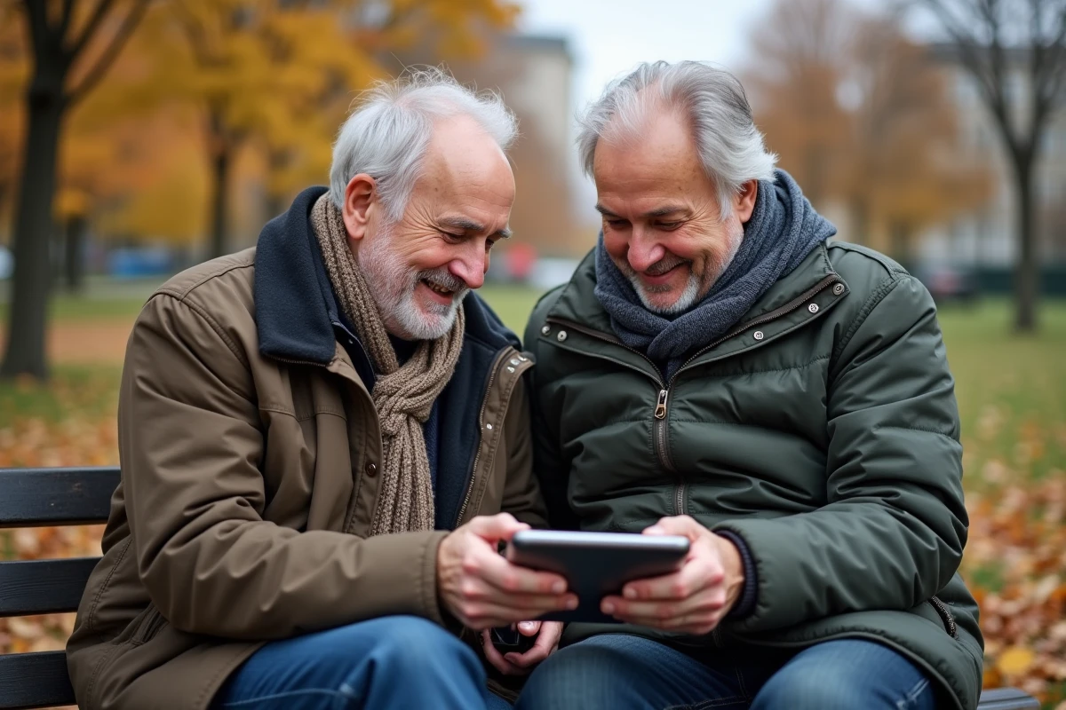 Deux hommes seniors discutant avec une tablette en plein air