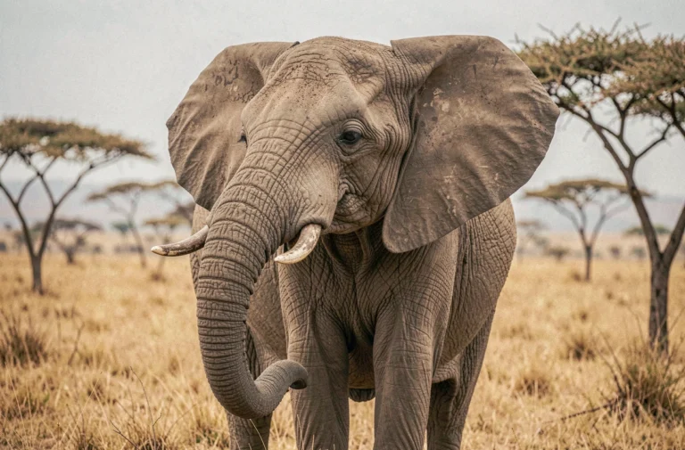 Éléphant africain sauvage levant la trompe dans la savane kenyane, portrait animalier réaliste en plein air