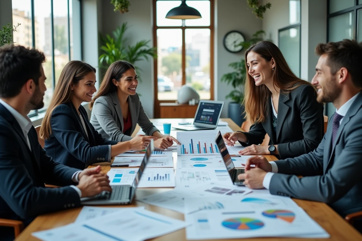 Équipe marketing en réunion collaborant sur des stratégies de visibilité d'entreprise avec graphiques et outils numériques