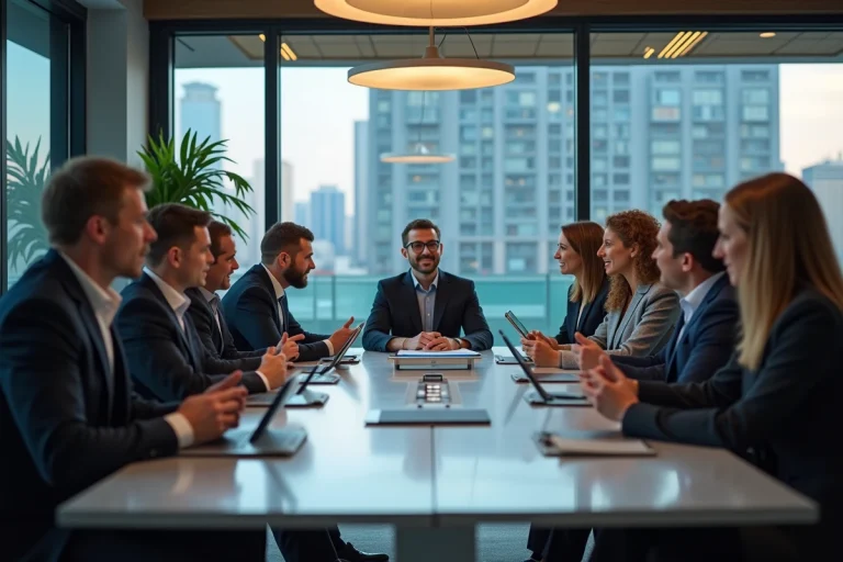 Groupe de professionnels en réunion stratégique moderne