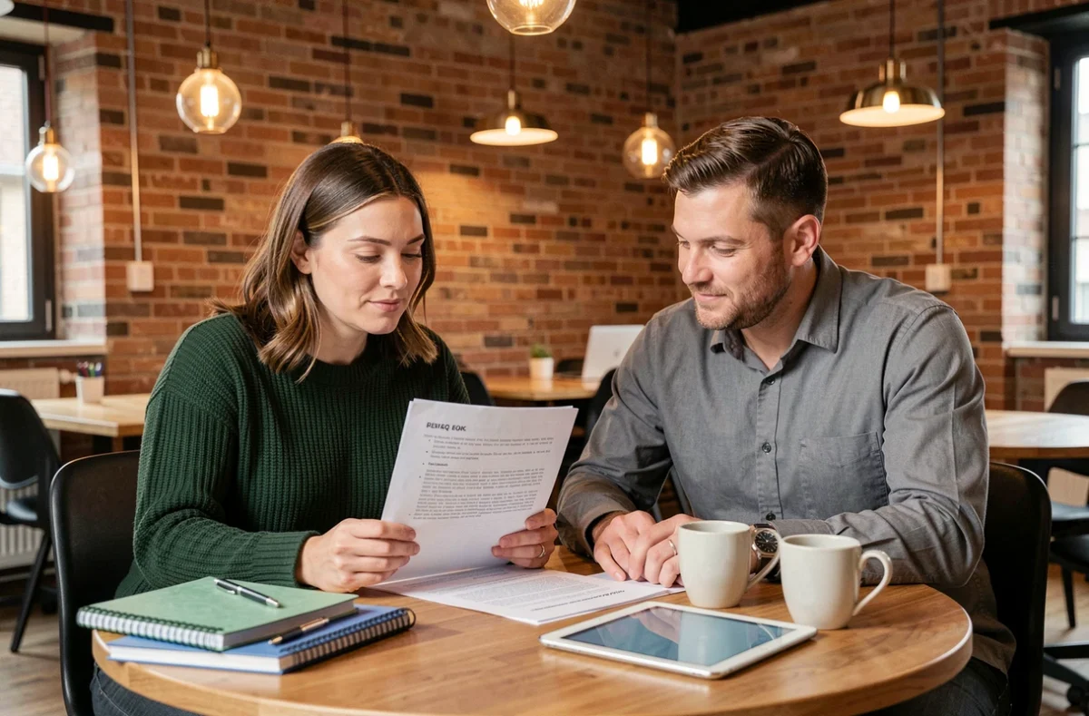 Deux collègues consultant un document FAQ et une tablette pour répondre aux questions des utilisateurs de Wikirelax dans un espace de coworking chaleureux