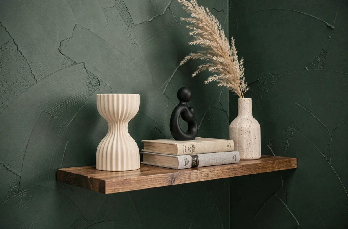 Étagère décorative avec bougeoir cannelé, figurine sculpturale noire et vase en travertin sur un mur vert sauge texturé selon les tendances déco actuelles
