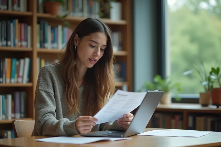 Jeune femme étudiante travaillant à la bibliothèque universitaire