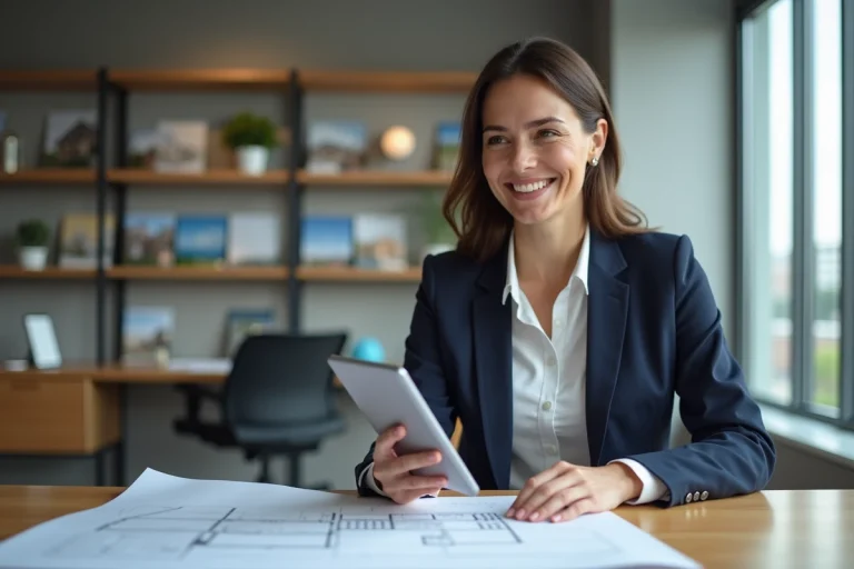 Femme en blazer navy souriante dans un bureau lumineux