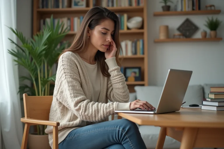 Femme assise à son bureau à la maison utilisant un ordinateur portable