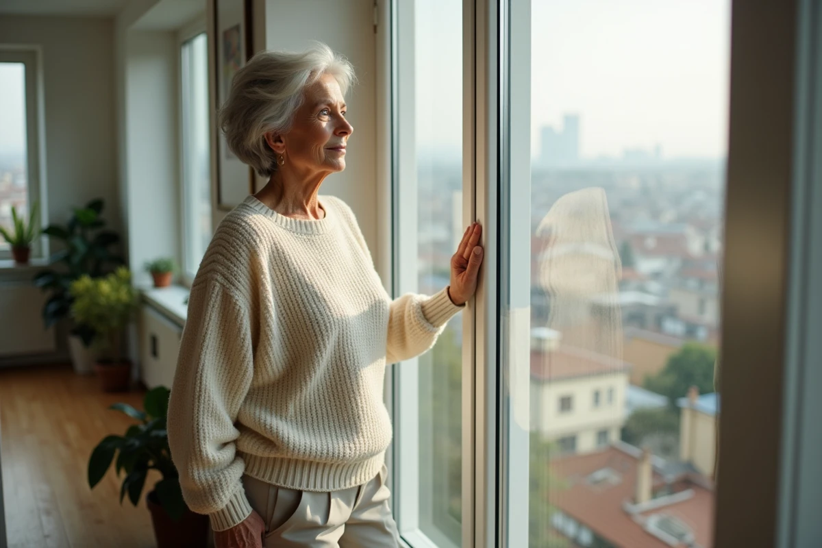 Femme contemplative regardant par une fenêtre lumineuse