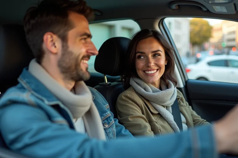 Femme en denim donne de l'argent au conducteur dans la voiture