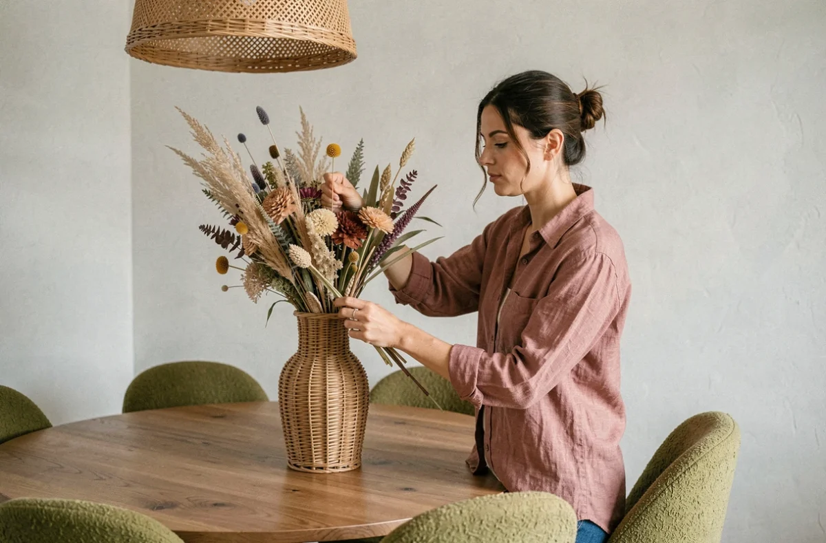 Femme arrangeant un bouquet de botaniques séchées dans un vase en osier dans une salle à manger minimaliste aux chaises boucle vert mousse, tendances déco intérieur