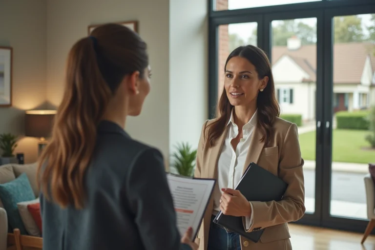 Femme en discussion avec un agent immobilier dans un salon moderne