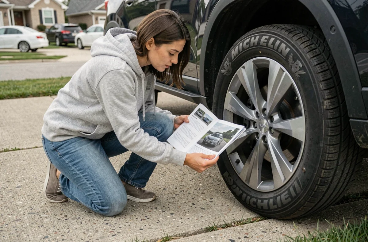 Femme consultant le manuel du véhicule pour identifier un pneu runflat Michelin sur le flanc de son SUV dans une allée résidentielle