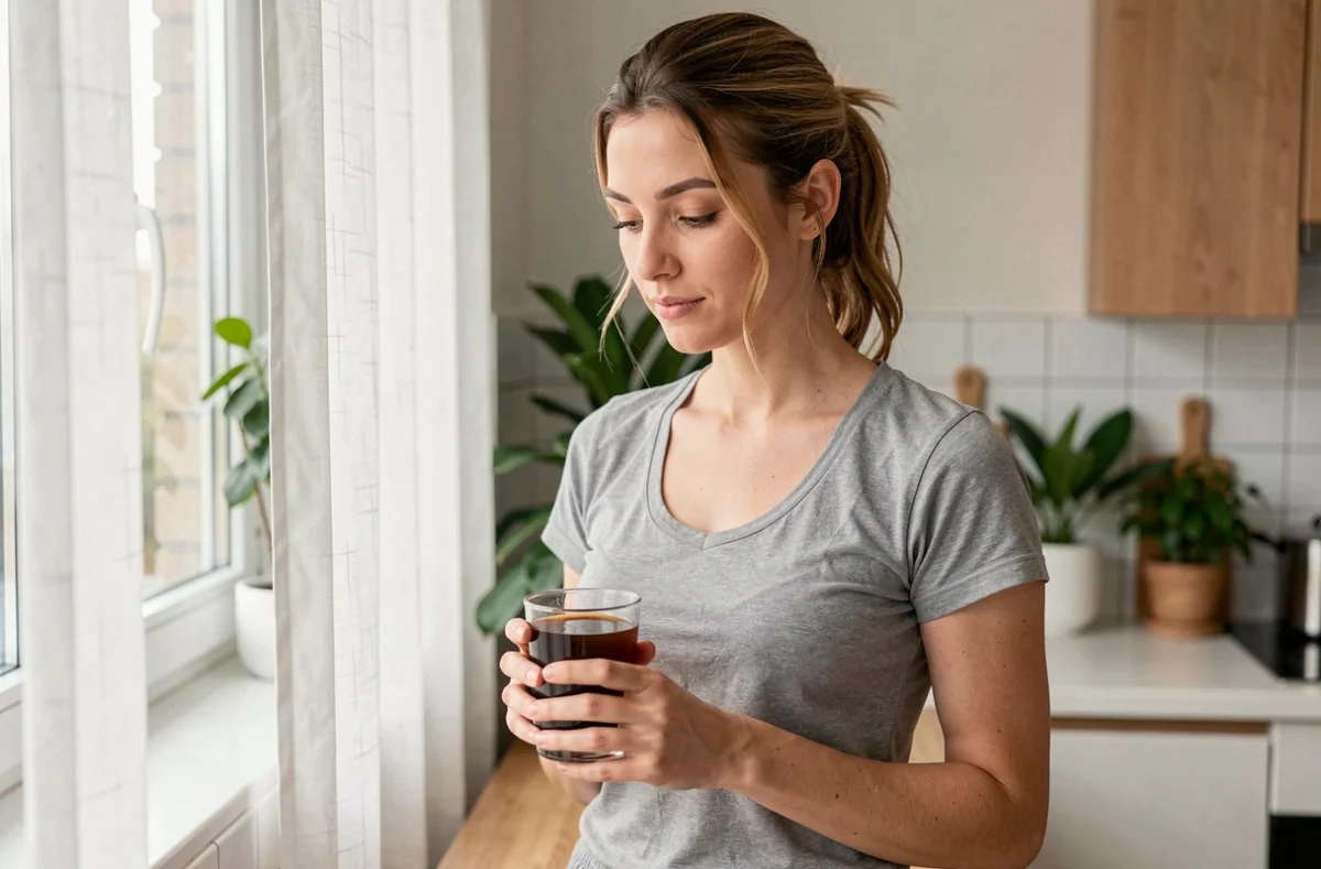 Femme tenant un verre de jus de noni bio dans une cuisine moderne, illustrant une routine minceur saine au quotidien