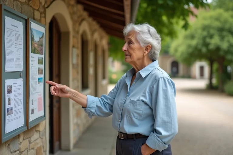 Femme consultant un panneau d'affichage communautaire dans un village du Véron, Loire