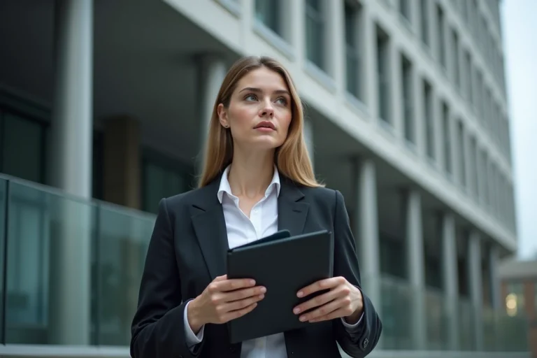 Jeune femme d'affaires avec logo Zakmav devant un bâtiment moderne