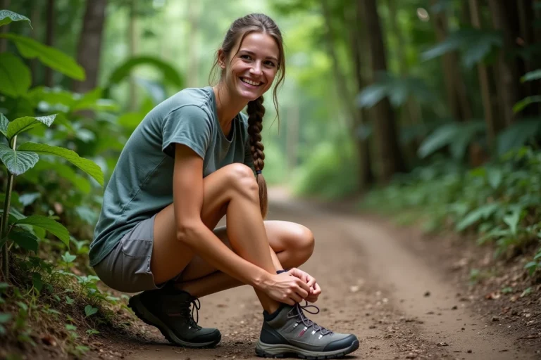 Femme souriante en randonnée dans la forêt tropicale de Martinique