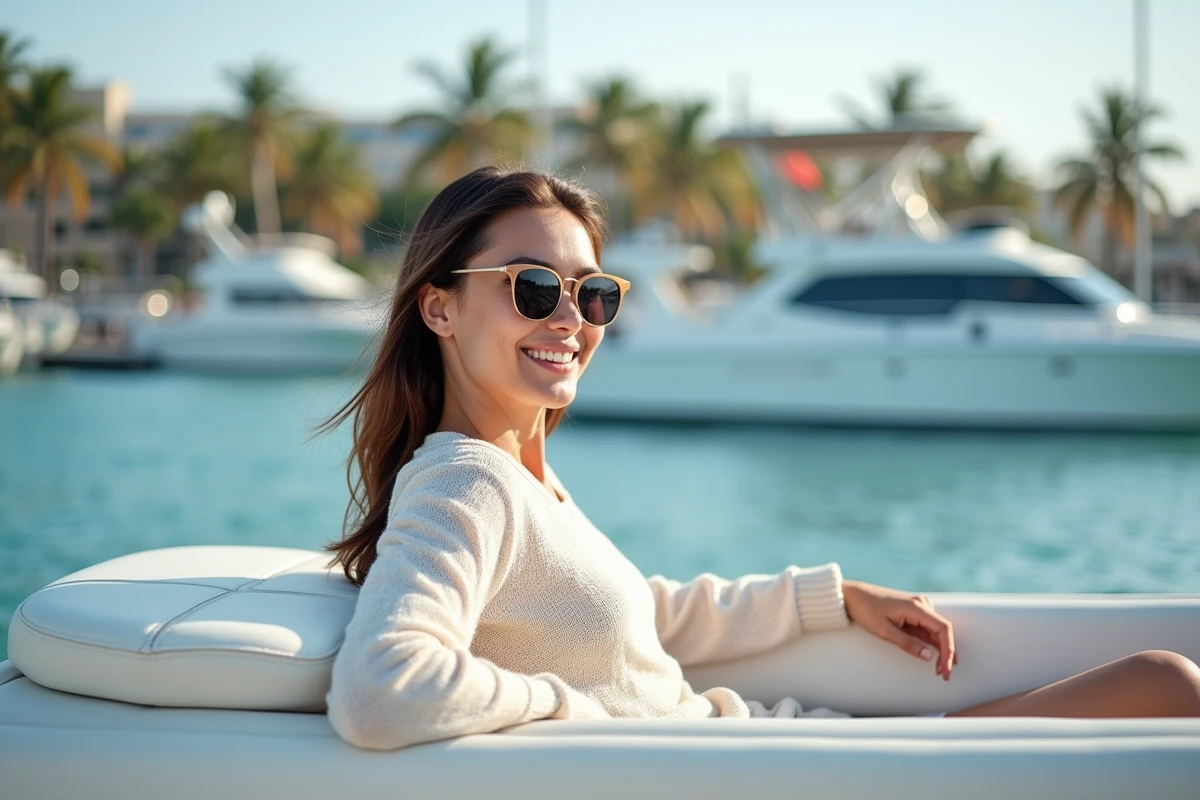 Femme souriante relaxant sur un bateau en mer ensoleillee