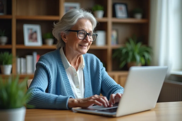 Femme senior lisant sur son ordinateur dans un bureau cosy