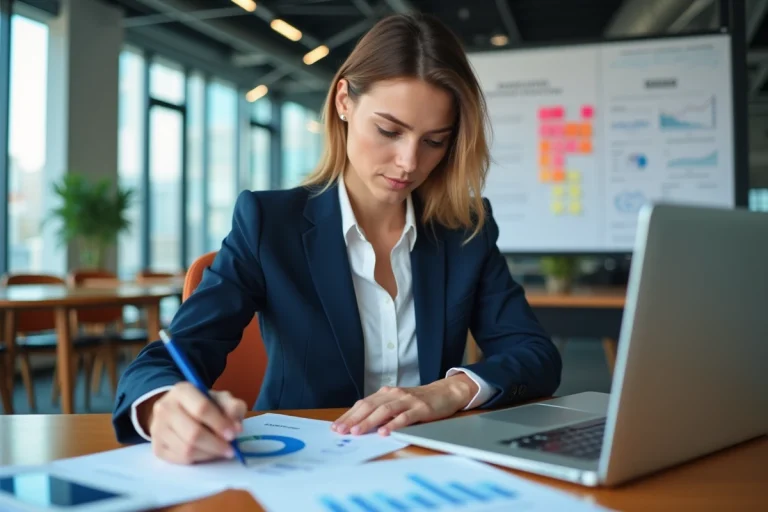 Femme d'affaires analysant une stratégie marketing dans un bureau moderne avec documents et tableau de bord numérique