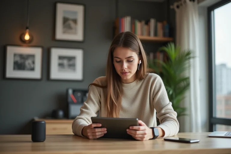 Jeune femme concentrée avec tablette et gadgets modernes