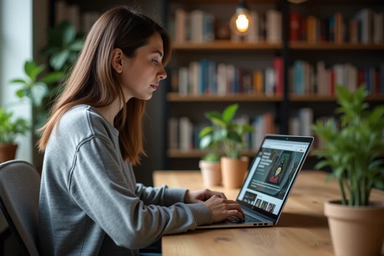 Femme assise à un bureau avec ordinateur portable Linux