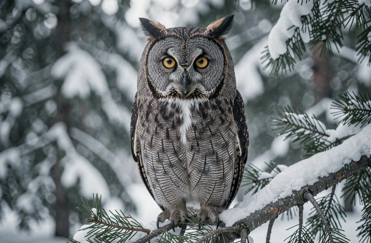 Grand duc lappon perché sur une branche enneigée dans une forêt boréale en hiver, portrait animalier réaliste aux détails saisissants