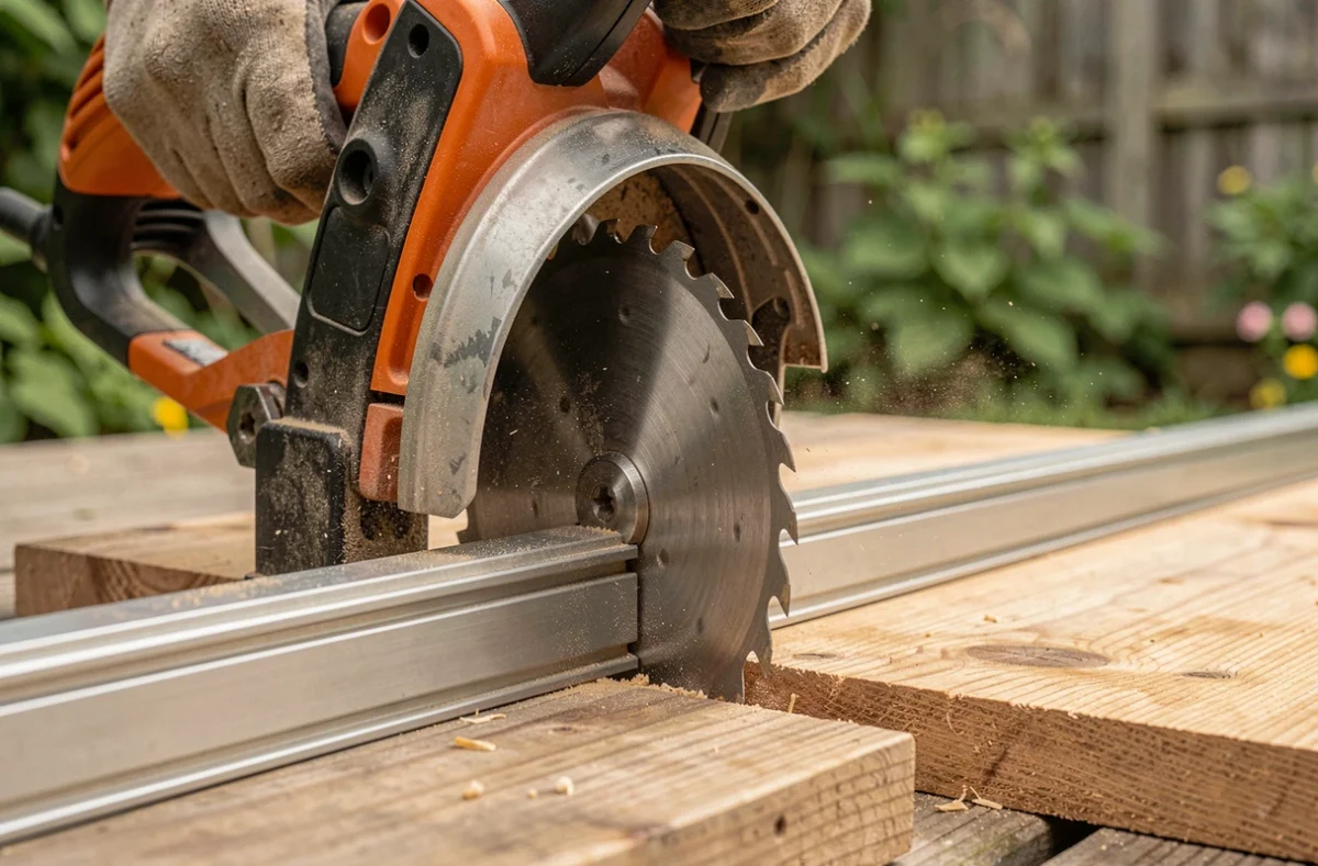 Gros plan sur une lame de scie circulaire guidée par un rail de coupe sur une planche en bois
