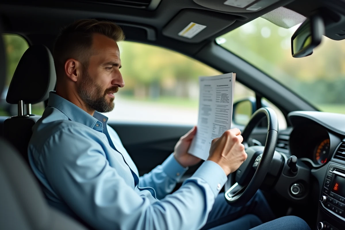 Homme montrant son permis dans la voiture en intérieur
