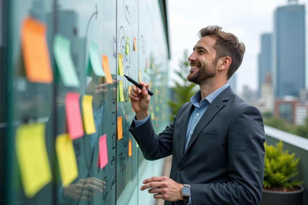 Homme esquissant un diagramme de brainstorming sur un mur