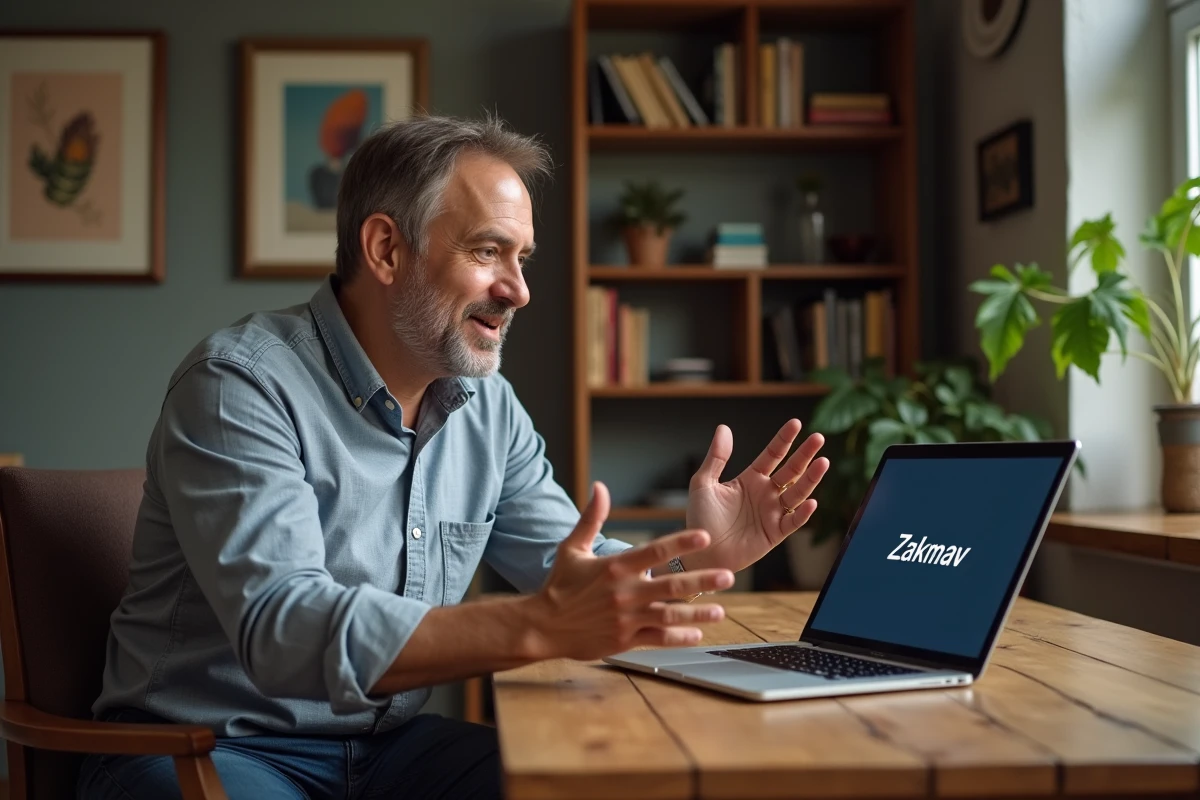 Homme en discussion dans un bureau avec logo Zakmav sur l