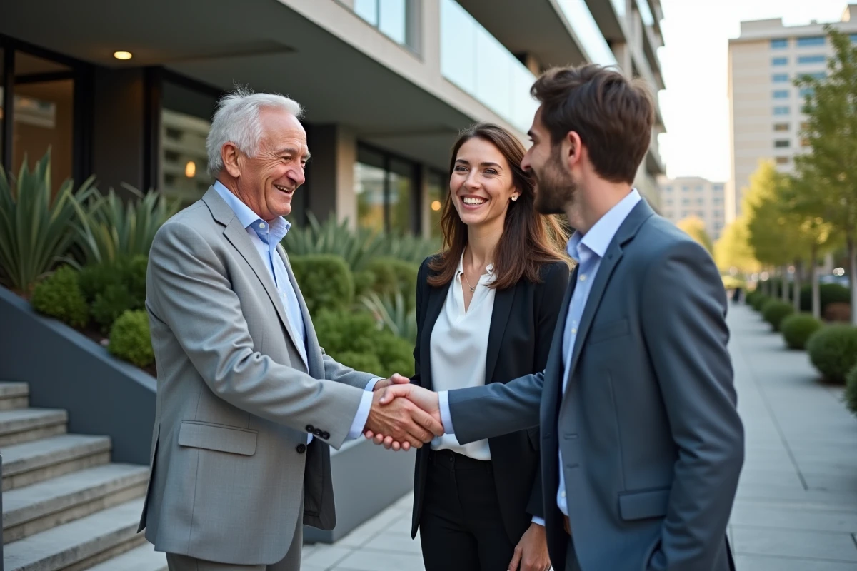 Homme d age serrant la main d un couple devant un immeuble
